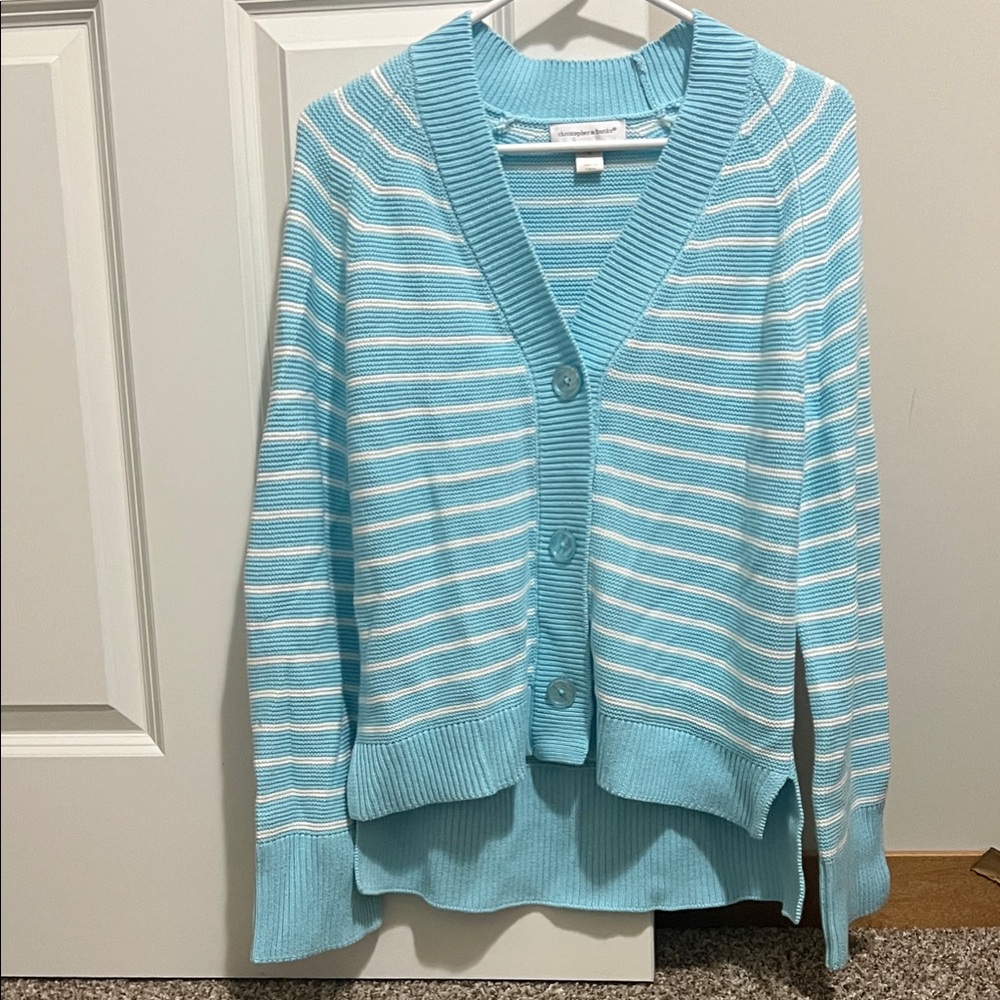 Christopher & Banks Aqua and White Striped Cardigan
